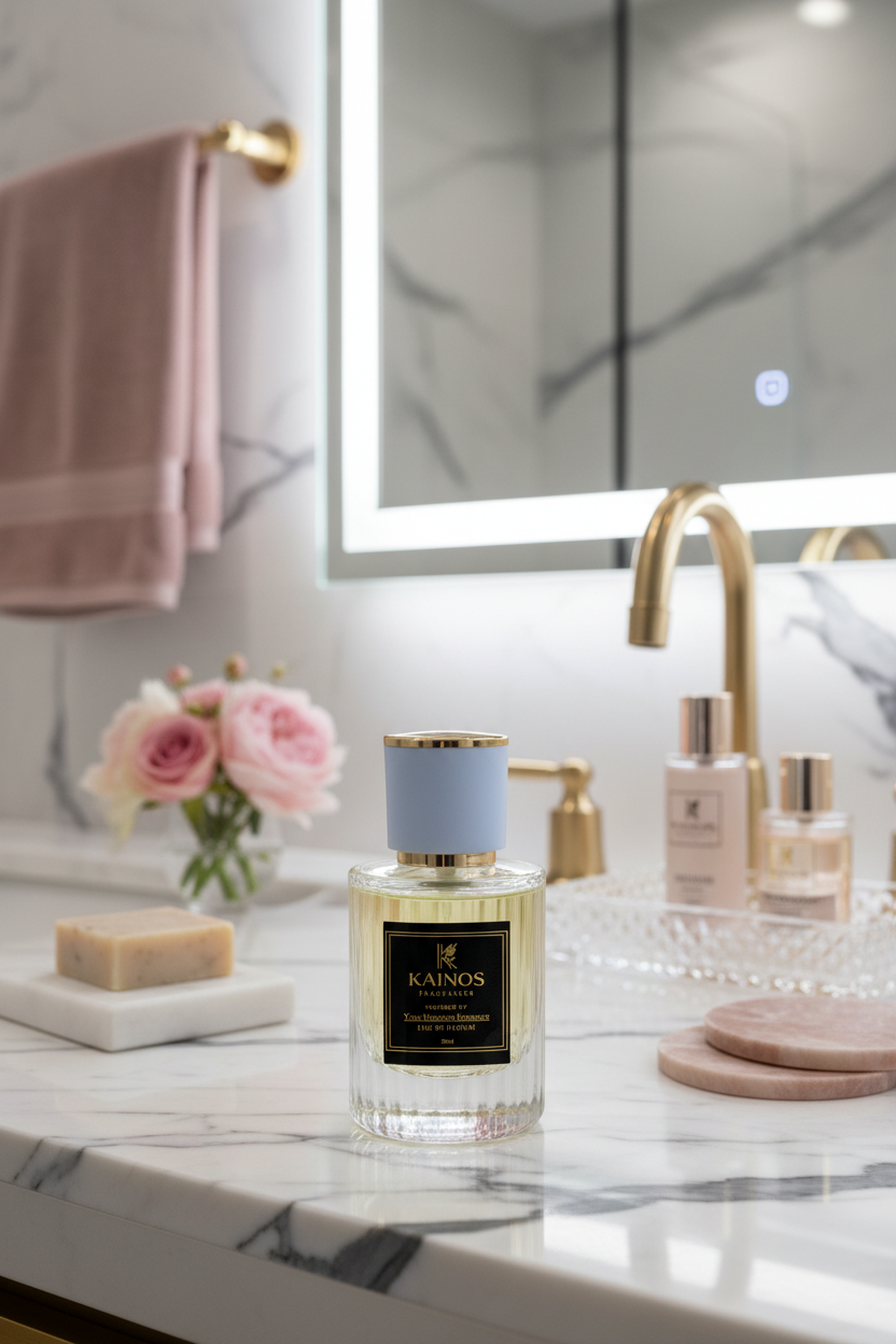 Kainos Fragrances bottle in ultra-luxury modern bathroom