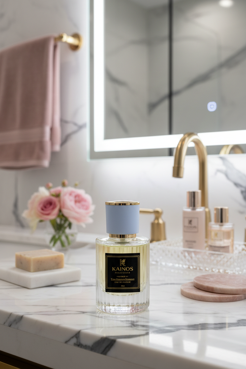Kainos Fragrances bottle in ultra-luxury modern bathroom