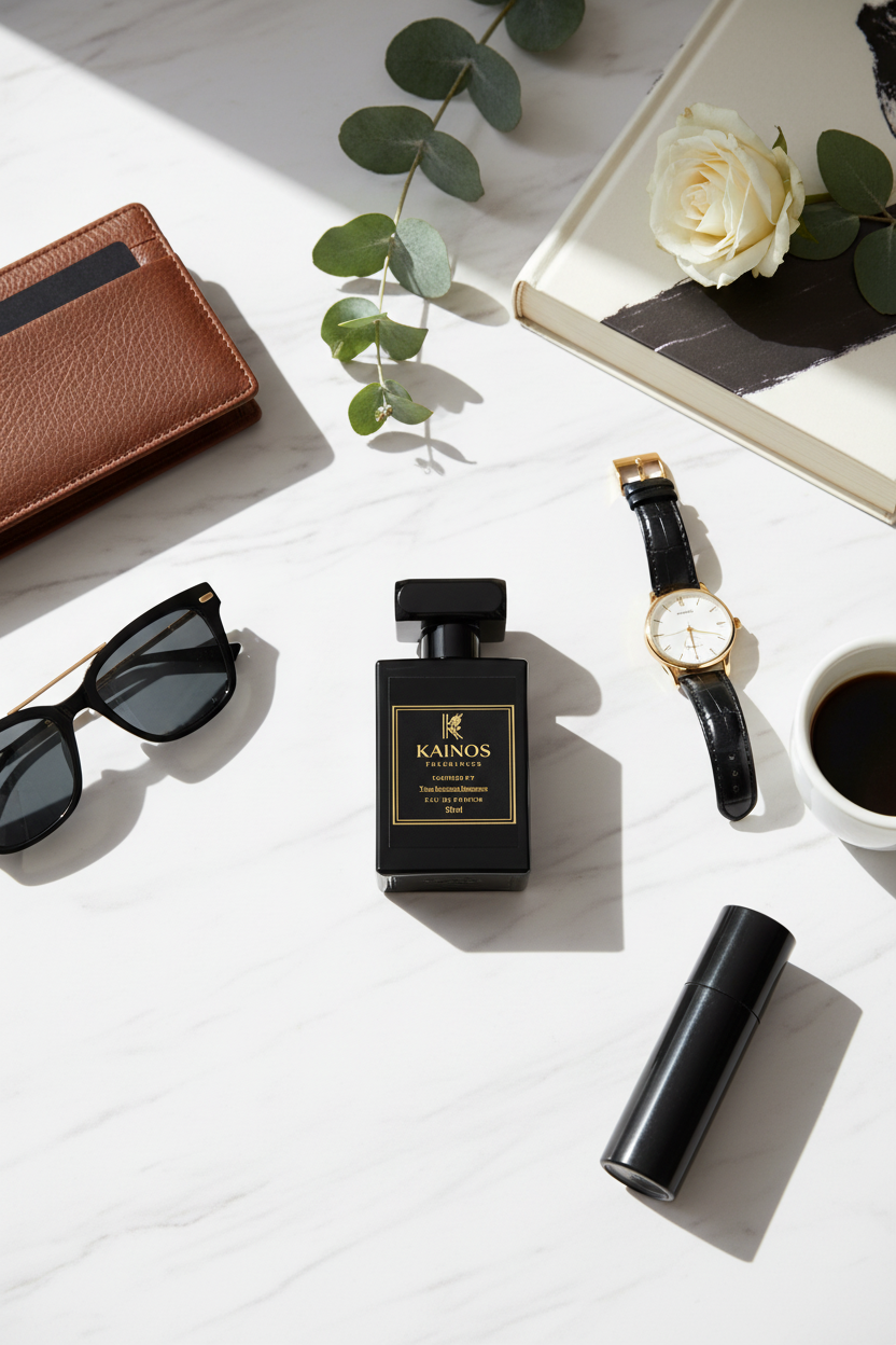 Kainos Fragrances bottle with lifestyle elements