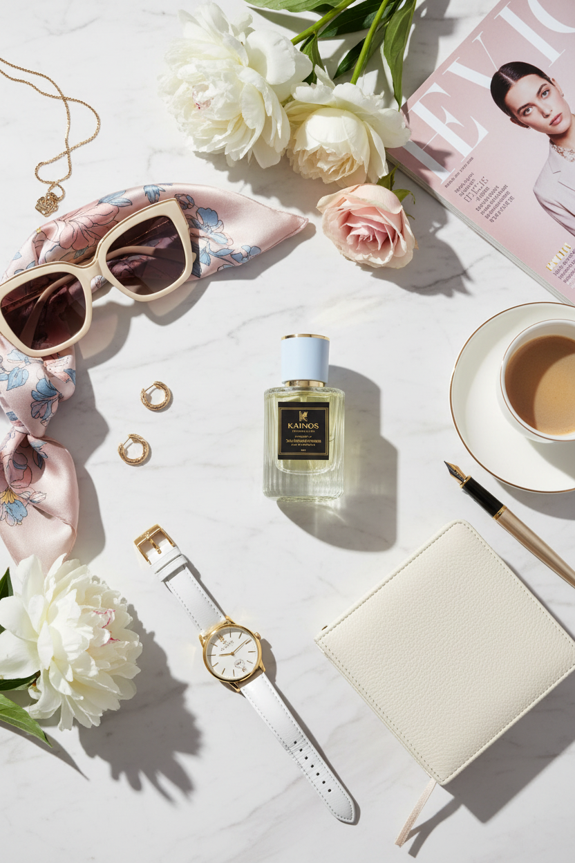 Kainos Fragrances bottle with luxury lifestyle elements