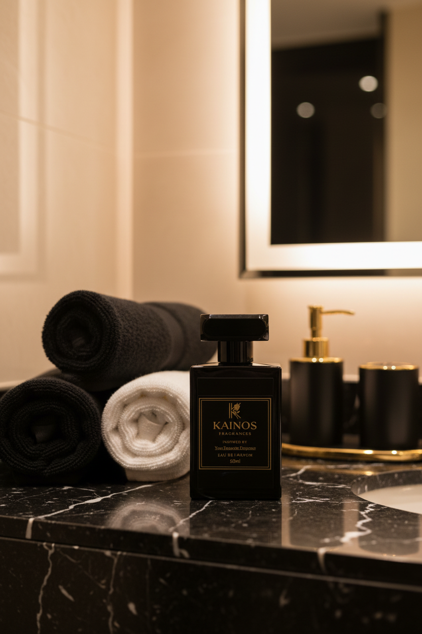 Kainos Fragrances bottle zoomed in with bathroom essentials and towels