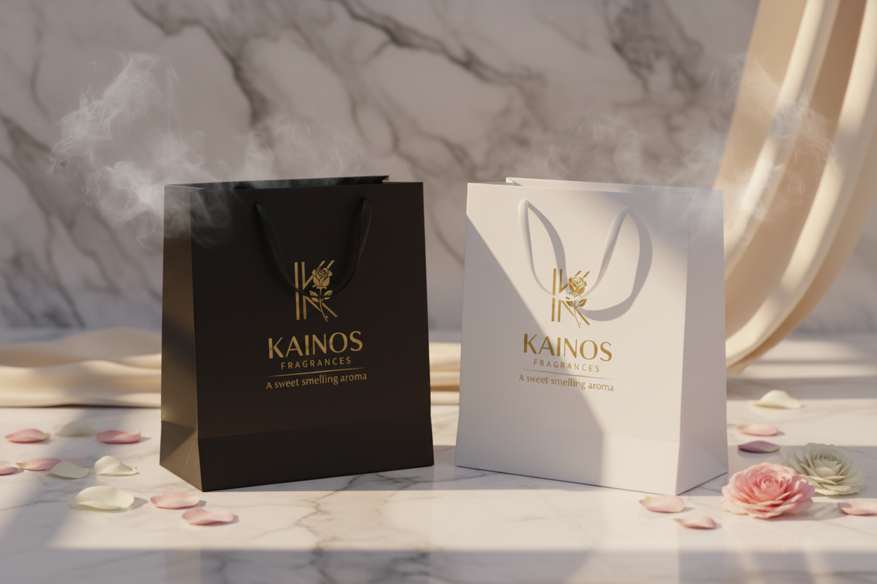 Kainos Fragrances hero banner with black and white shopping bags